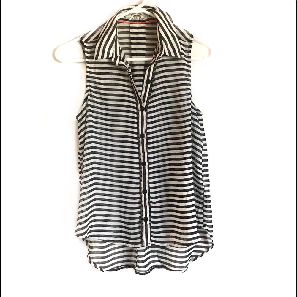 Chloe K Button-Up Black and White Striped Collared Sheer Tank Top